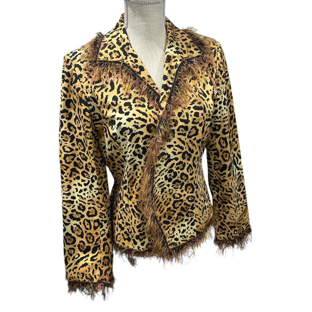 Anthracite Leopard Print Women's Jacket with Multi Color Fringe Trim